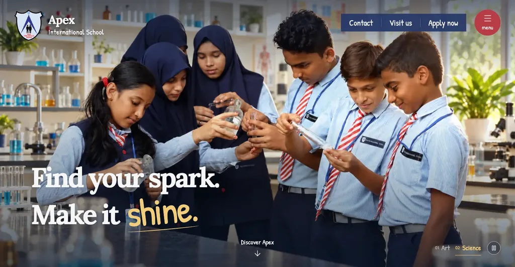 Apex International School homepage: pupils doing a science experiment under the headline Find your spark. Make it shine.