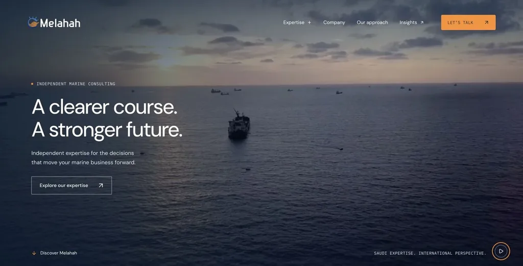 Melahah website with an ocean film hero and the headline A clearer course. A stronger future.