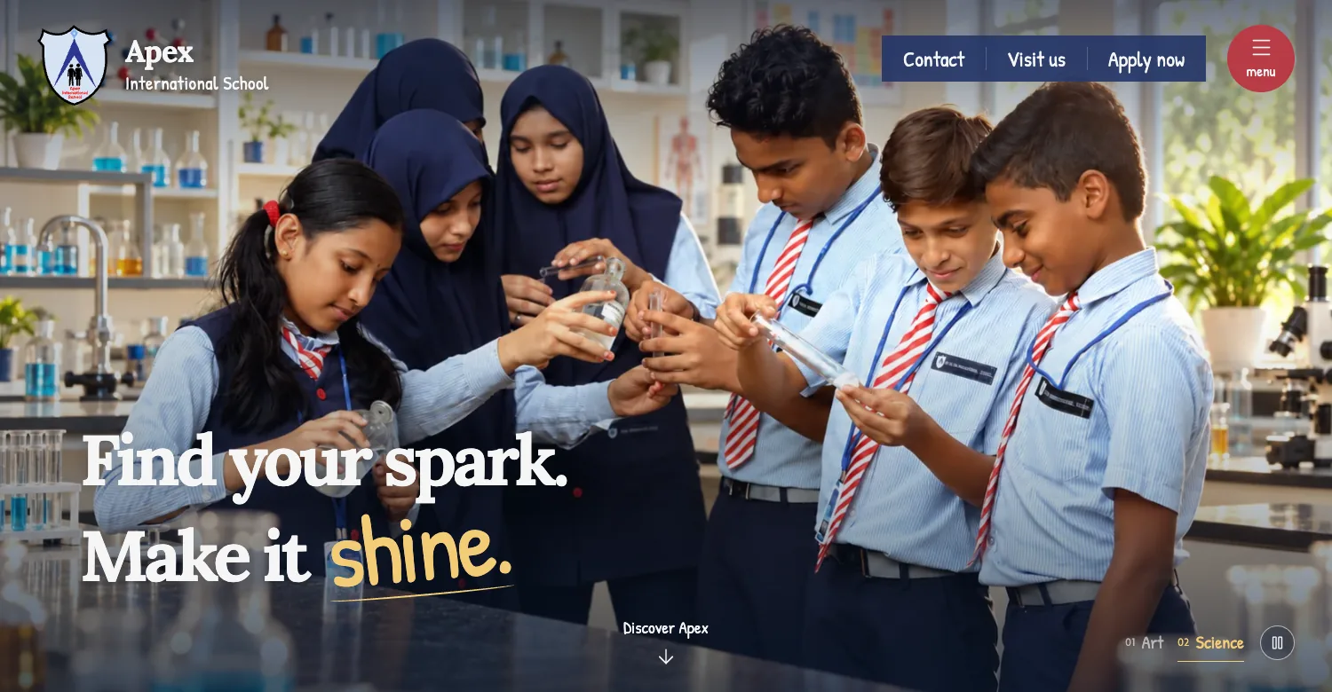 Apex International School homepage: pupils doing a science experiment under the headline Find your spark. Make it shine.