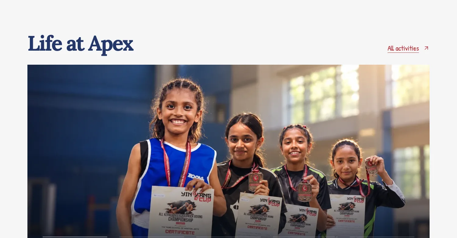 Life at Apex section with a photograph of pupils holding medals and links to Taekwondo, Art and Craft, Skating, Chess and School Radio.