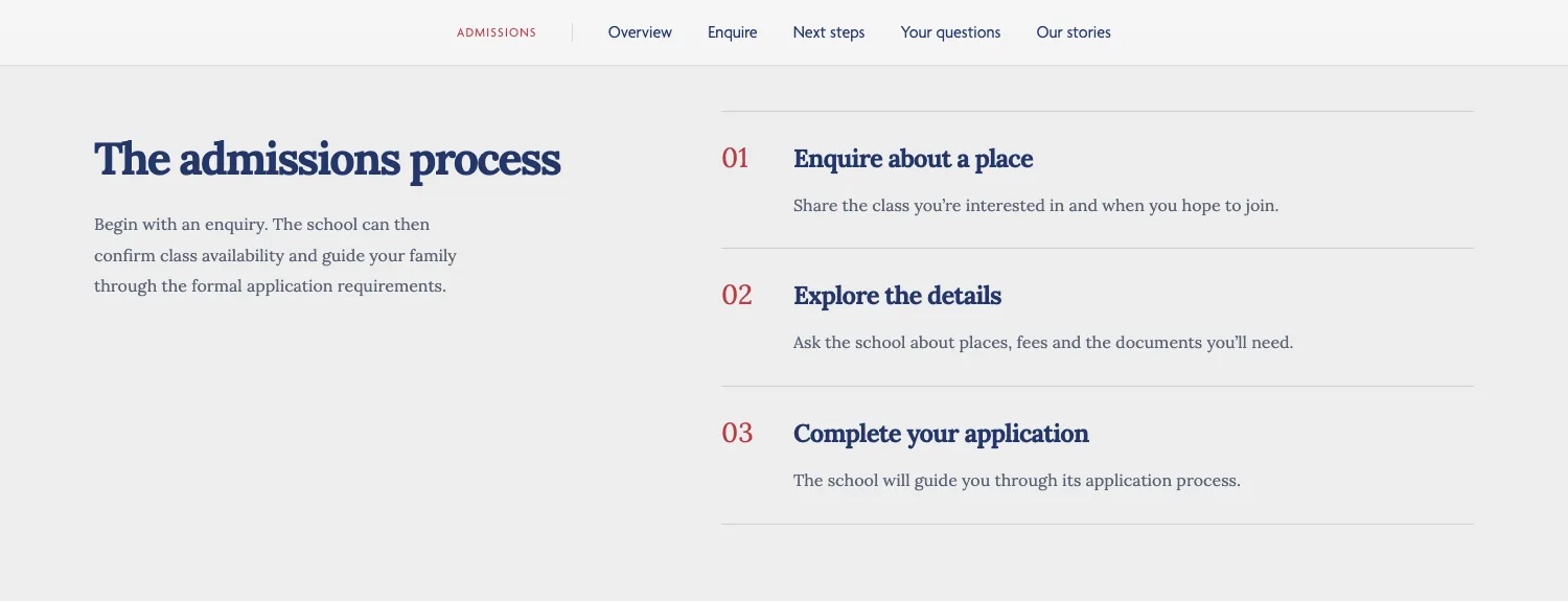 The admissions process in three numbered steps: enquire about a place, explore the details, complete your application.