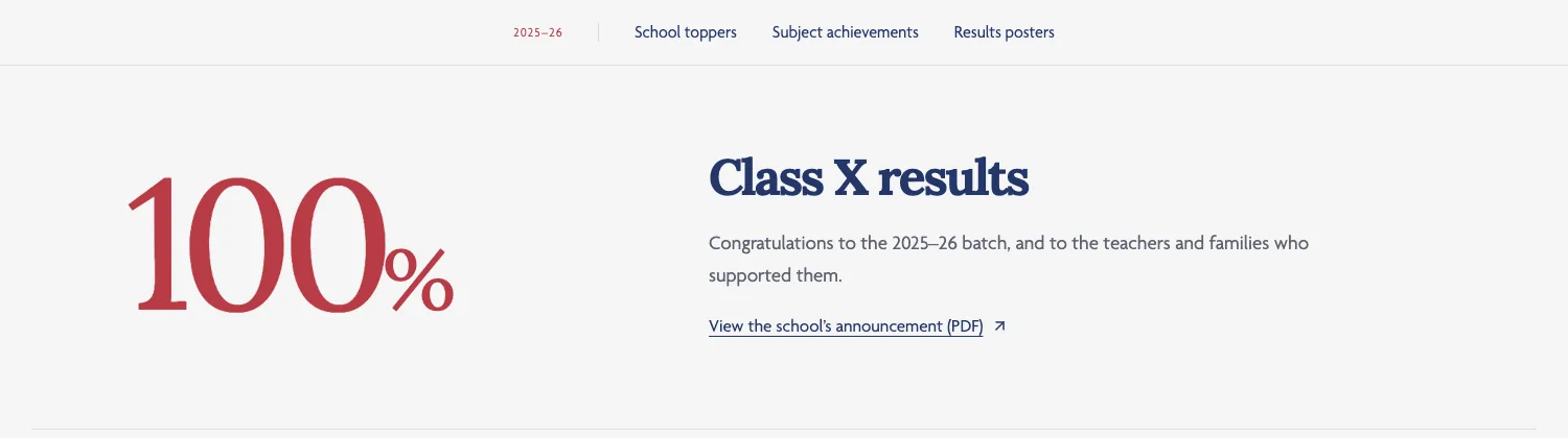 Results page showing 100% Class X results for 2025–26 with a link to the school’s announcement PDF.