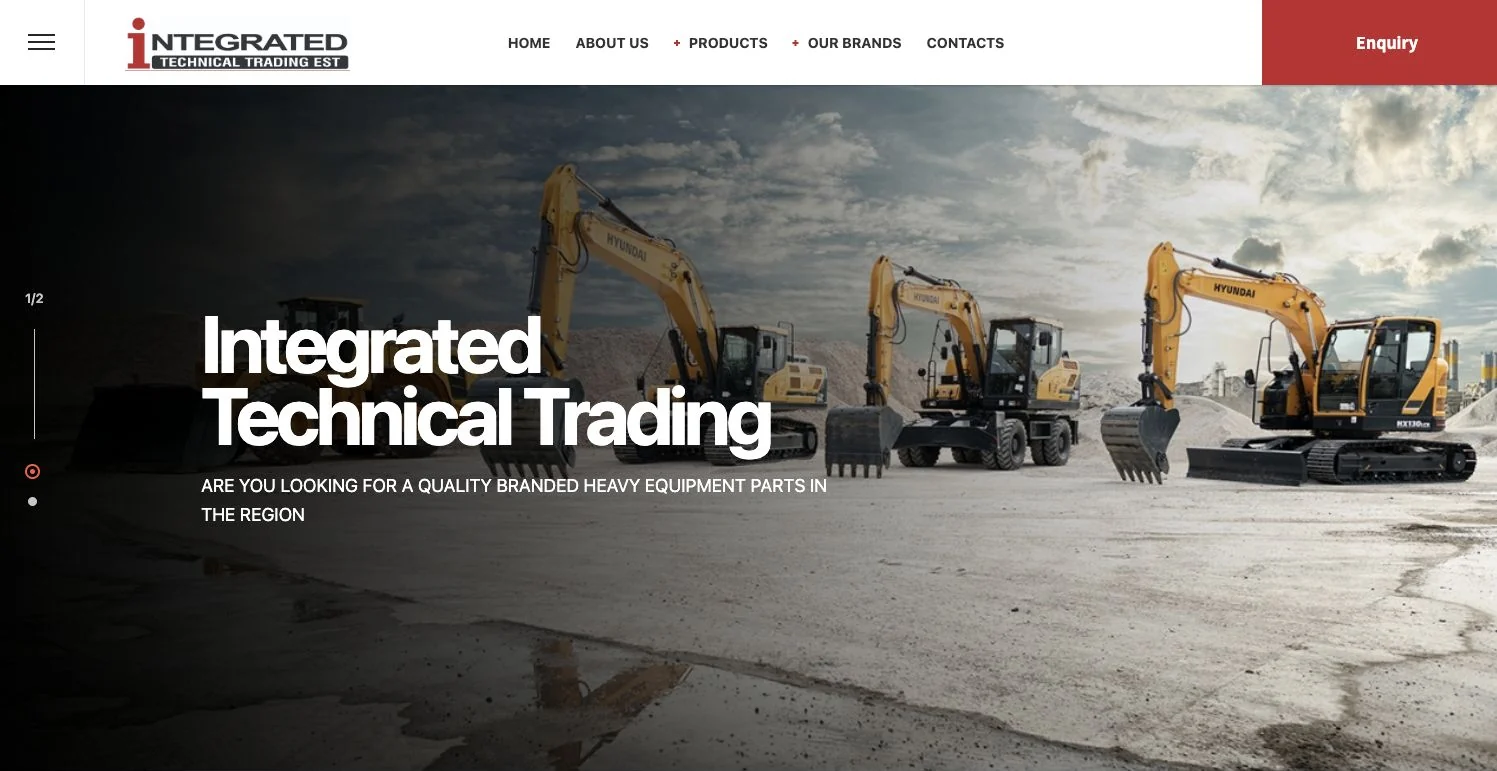 Integrated Technical Trading homepage with excavator photography, a white navigation bar and a red enquiry button.