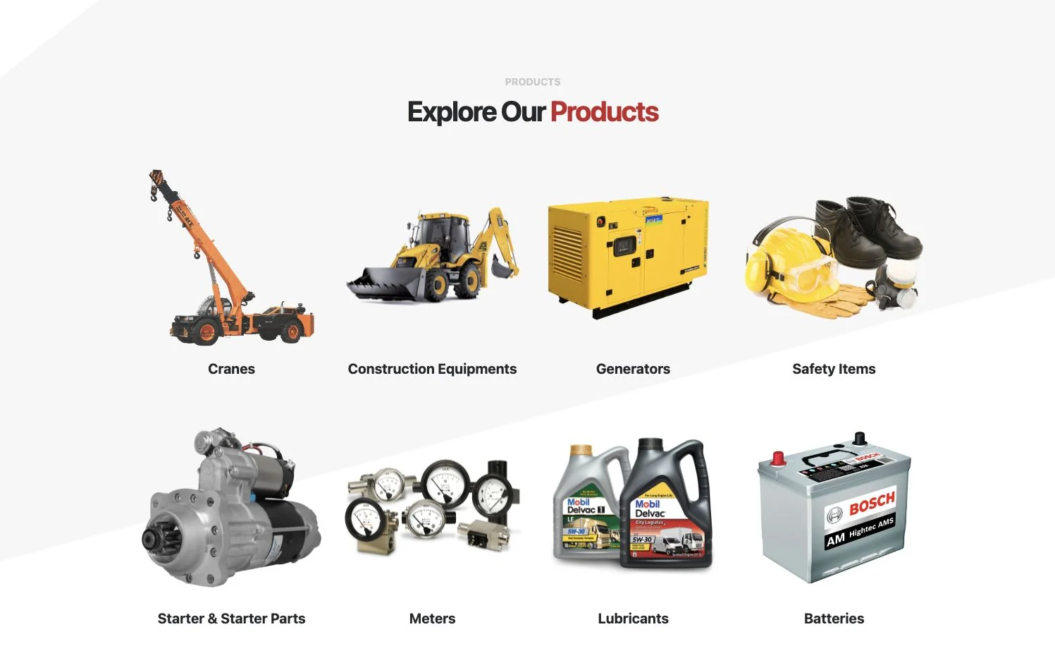 Eight product categories, including cranes, construction equipment, generators, safety items, starter parts, meters, lubricants and batteries.