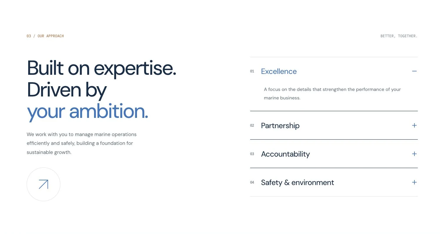 Melahah approach section showing the Excellence, Partnership, Accountability and Safety accordions.