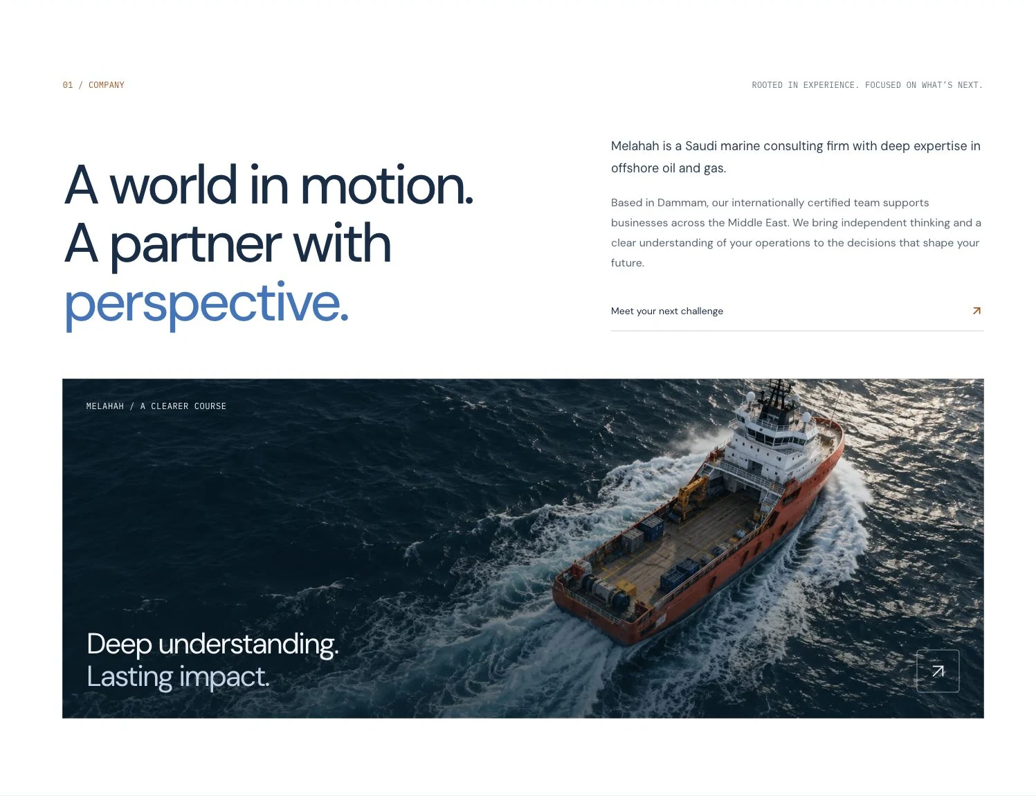 Melahah company introduction and large photograph of a vessel at sea.