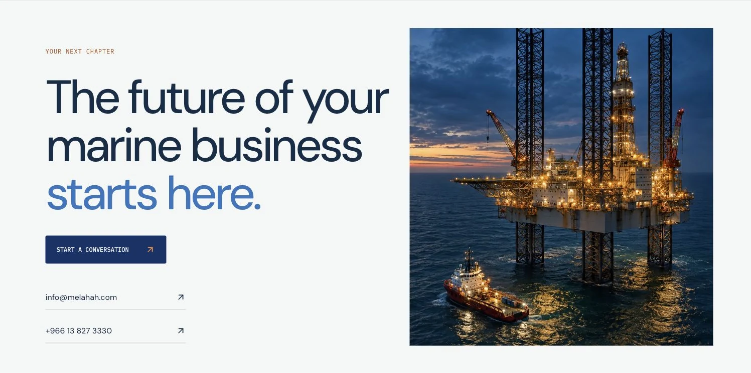 Melahah enquiry section with offshore installation photography, email and telephone links.