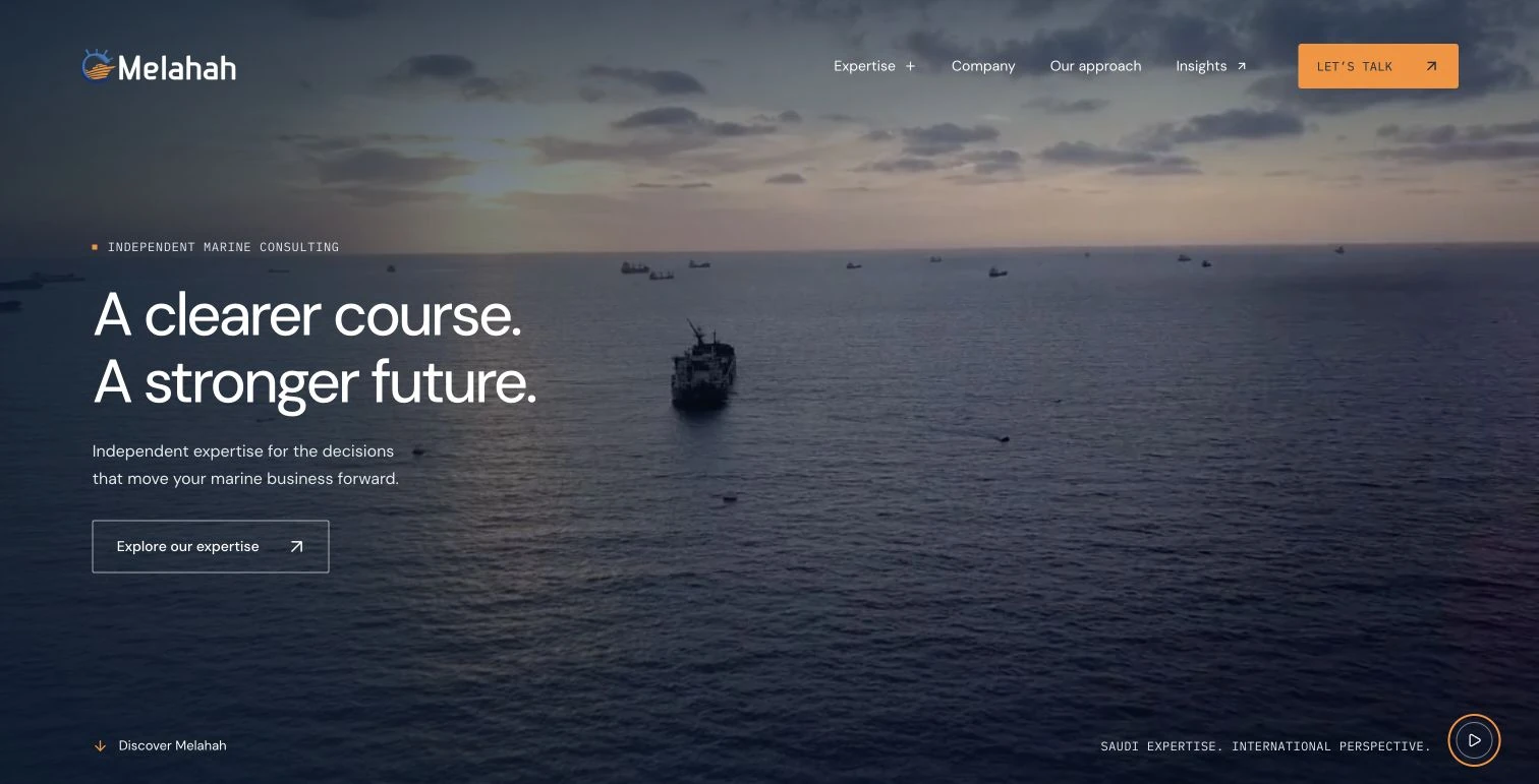 Melahah website with an ocean film hero and the headline A clearer course. A stronger future.