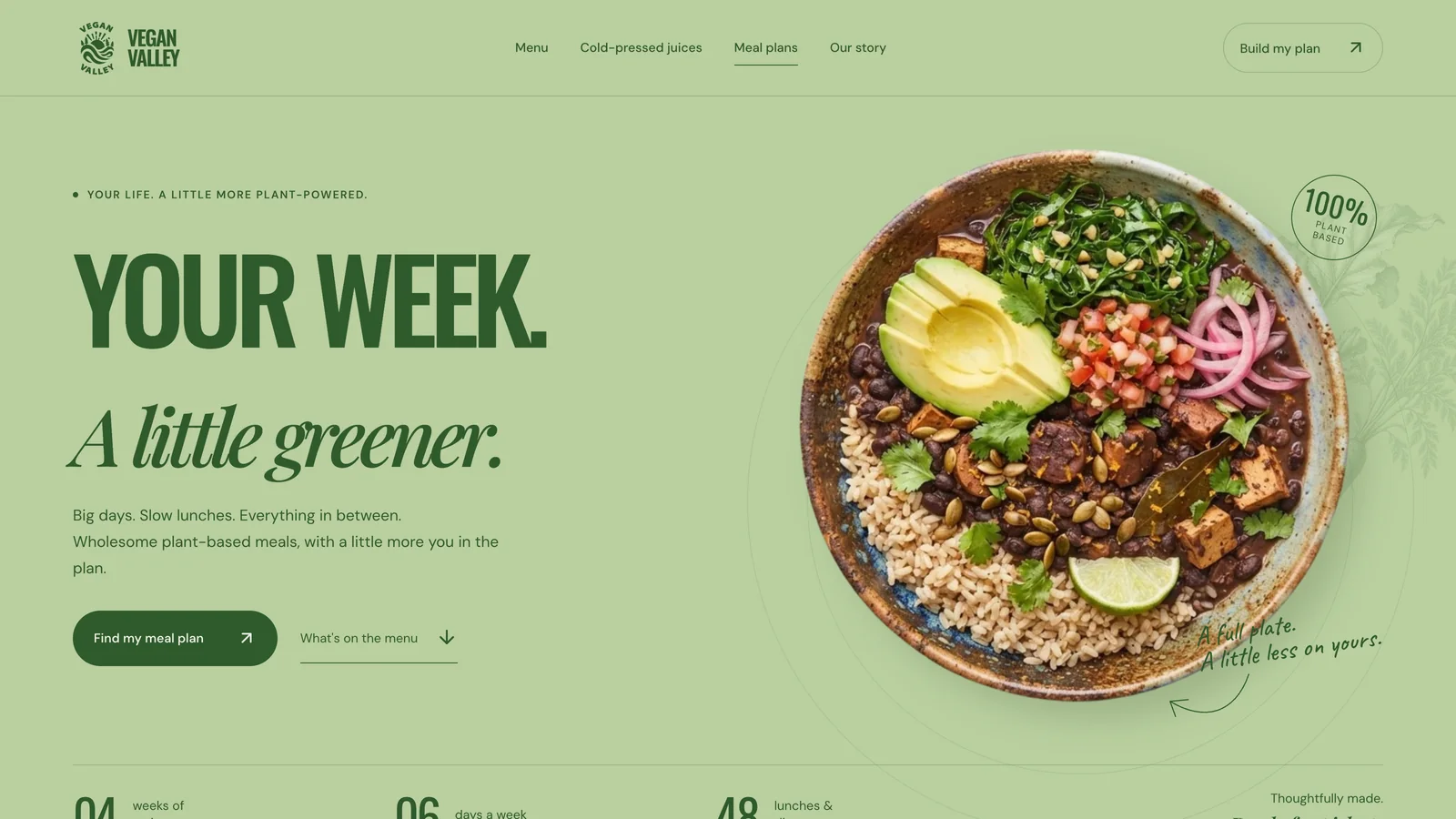 The meal plans page headed 'Your week. A little greener.' beside a plant-based bowl