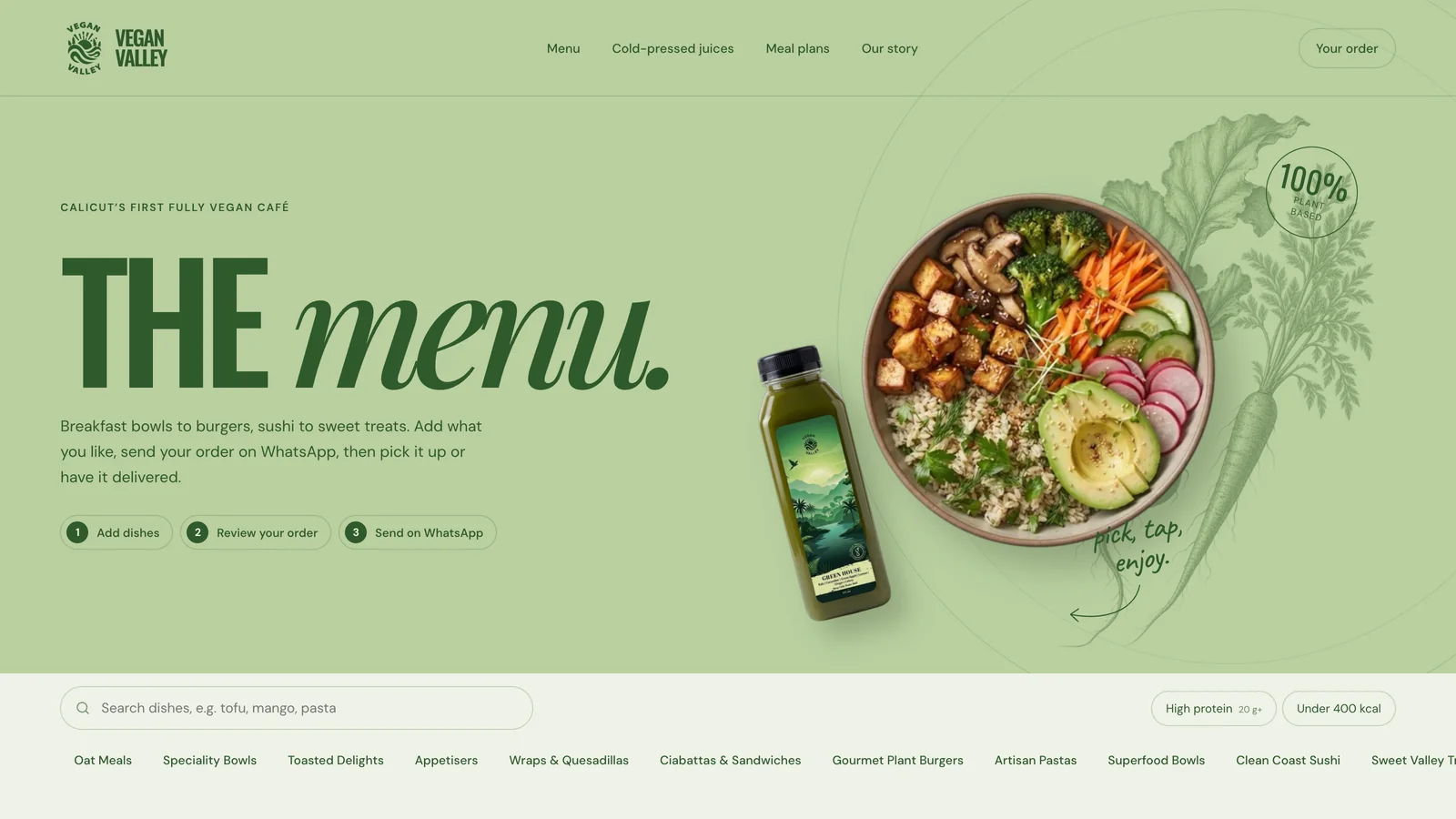 The Vegan Valley menu page with a bowl and juice bottle, dish search and category navigation