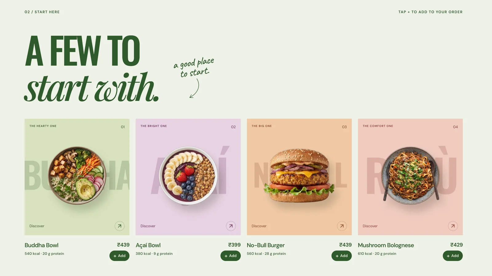 Four featured dishes with prices, calories, protein and Add buttons