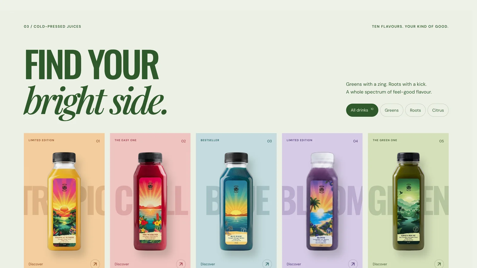 Ten illustrated cold-pressed juice bottles on colour-coded cards with Greens, Roots and Citrus filters